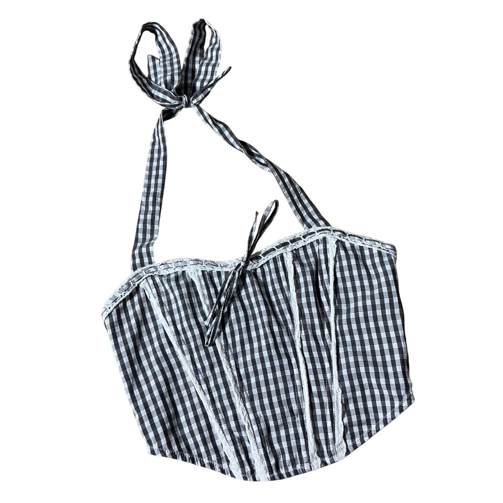 Beverly and‎ Beck Cottagecore Gingham Halter Corset Top Black White Lace Trim XS
